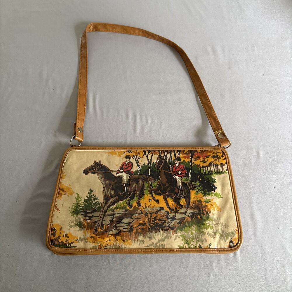 Vintage Equestrian Fox Hunt Crossbody Bag New Horse Scenic Vinyl Purse 14”